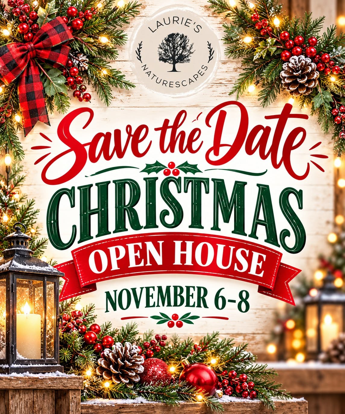 holiday themed Save the Date Lauries Naturescapes Christmas Open House November 6-8, 2026. Van Wert, OH 45891